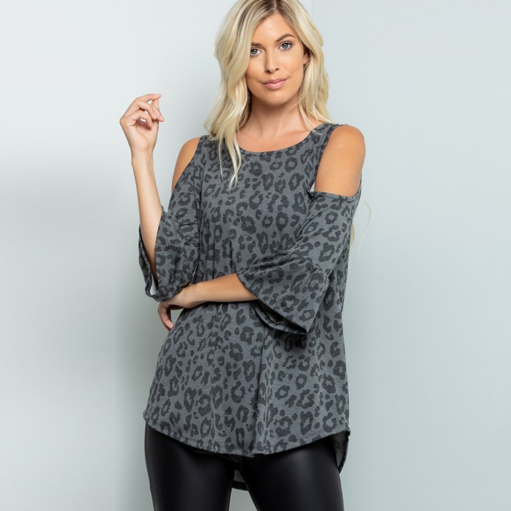 Leopard Print Cold Shoulder Top - Picture 2 of 7